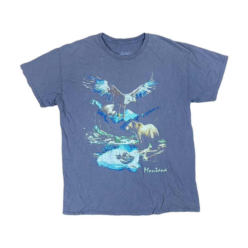 Buzz Montana Graphic T-Shirt Mens Medium Blue Good Eagle Bear Nature Tee